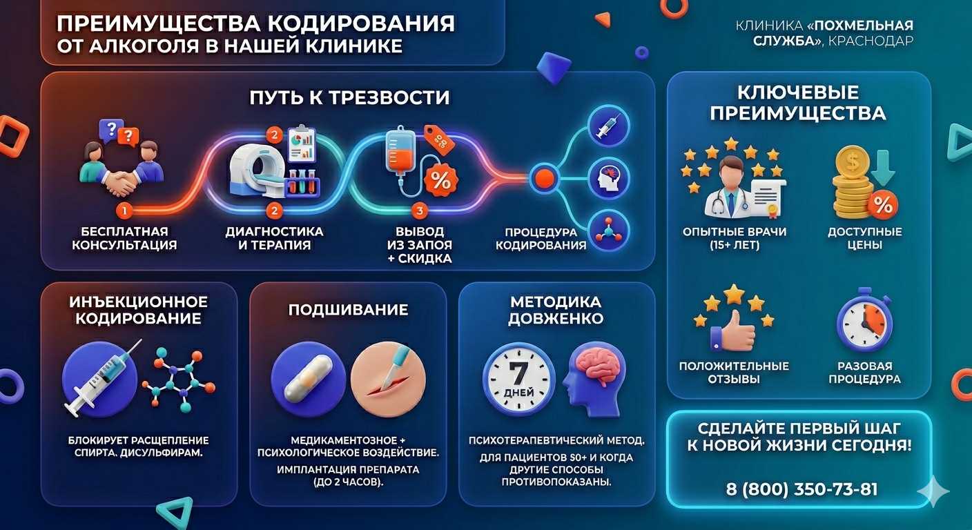Инфографика о методах кодирования от алкоголя в Михайловском: инъекции, подшивание, метод Довженко. Преимущества клиники и этапы лечения.
