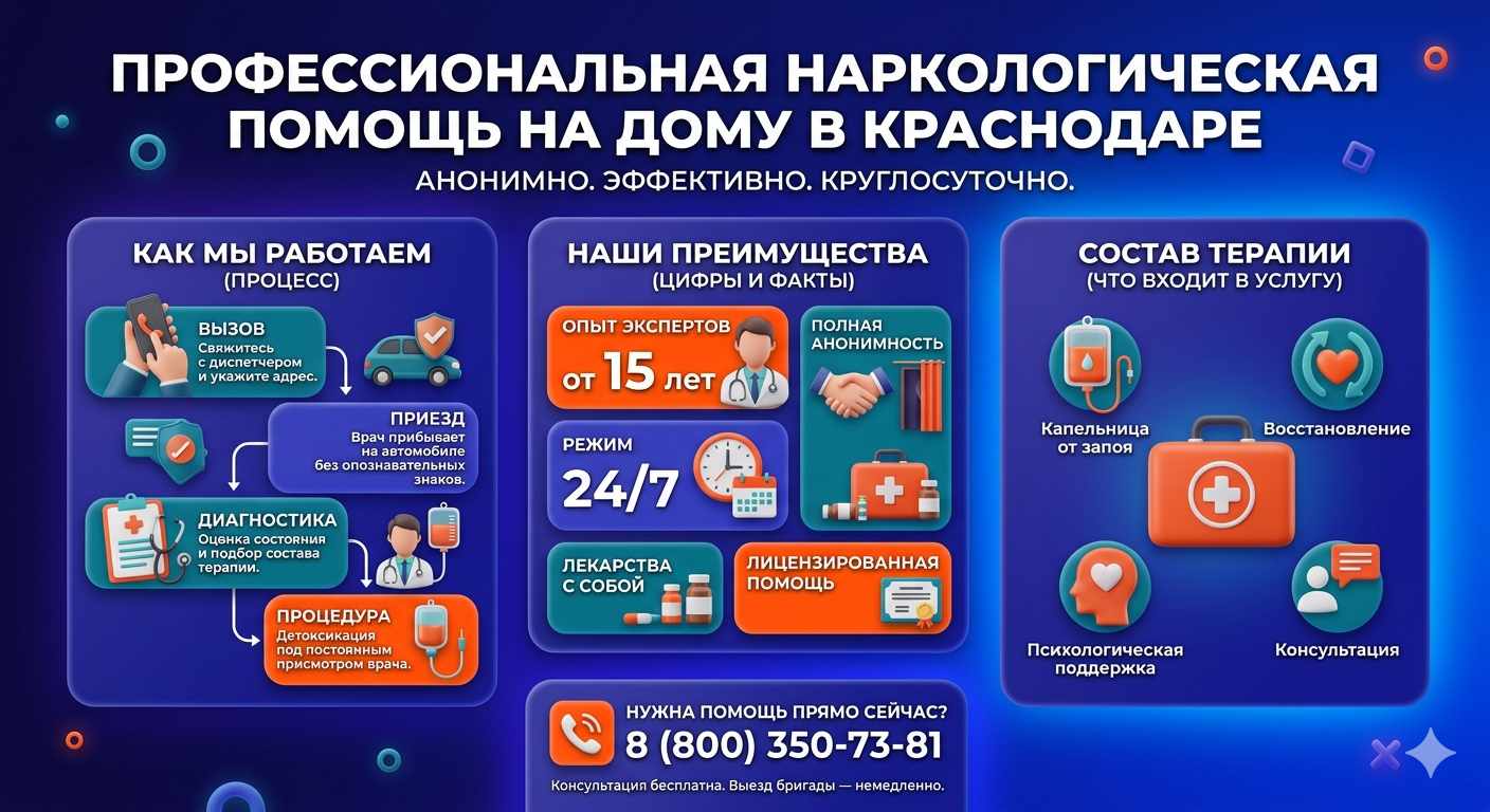 Инфографика о принципах лечения алкоголизма на дому в Михайловском: этапы вызова нарколога, преимущества анонимной детоксикации и состав медицинской помощи.